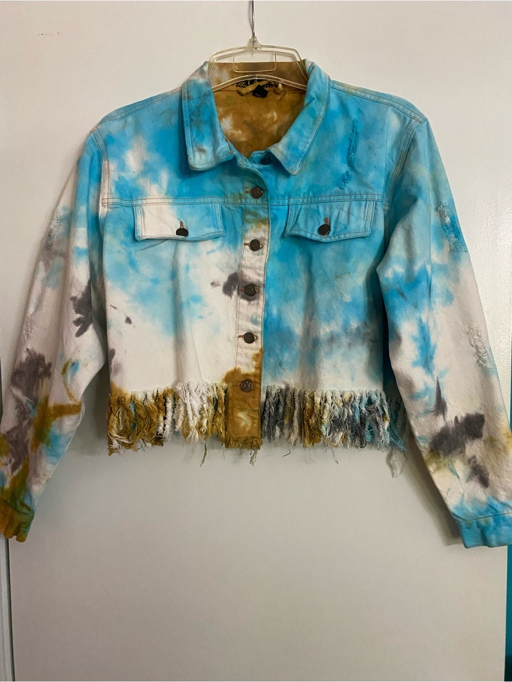 Taxi Tie-Dye Cropped Fringe Denim Jean Jacket - Blue, White & Tan